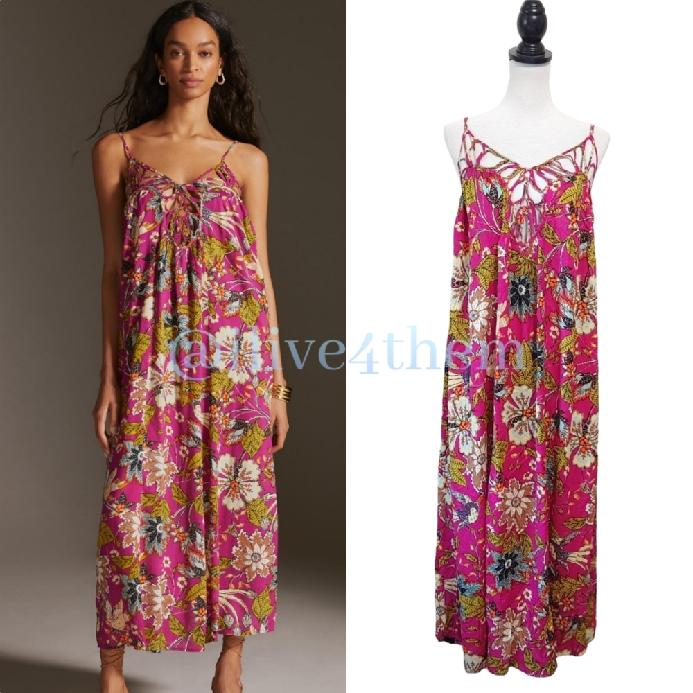 Anthropologie Pink Floral Braided-Neck Midi Dress